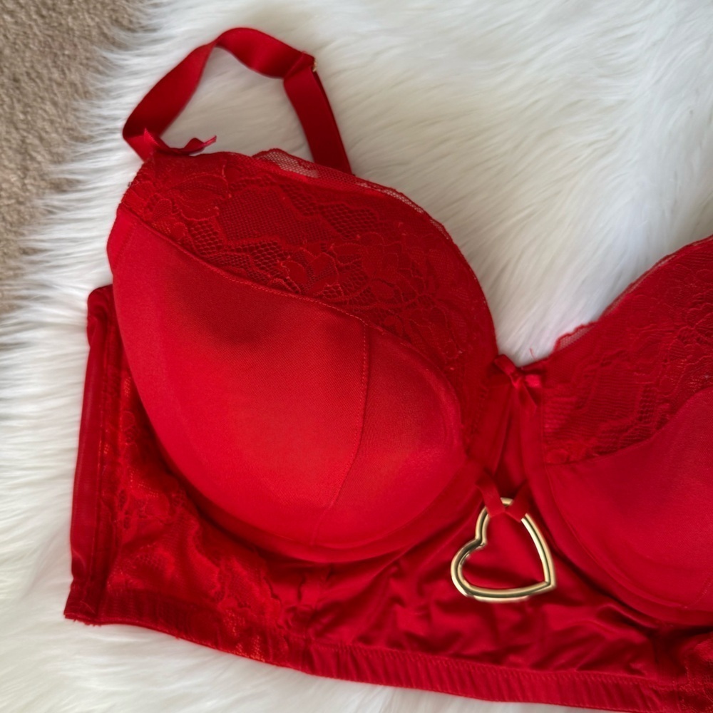 Cacique Long Line Heart Detail Red Lace Women's Corset Inspired Bra Top 44DD - Picture 3 of 7